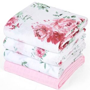 phf 100% cotton muslin baby swaddle blanket, 4 pack ultra soft baby muslin blanket for baby girls, breathable receiving blankets swaddle wrap for newborns, large 47x47 inches, floral