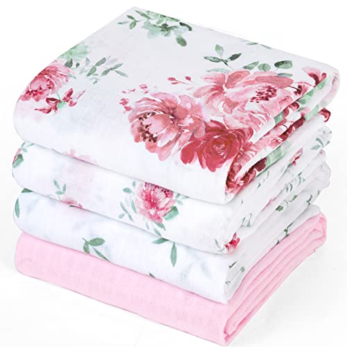 PHF 100% Cotton Muslin Baby Swaddle Blanket, 4 Pack Ultra Soft Baby Muslin Blanket for Baby Girls, Breathable Receiving Blankets Swaddle Wrap for Newborns, Large 47x47 inches, Floral