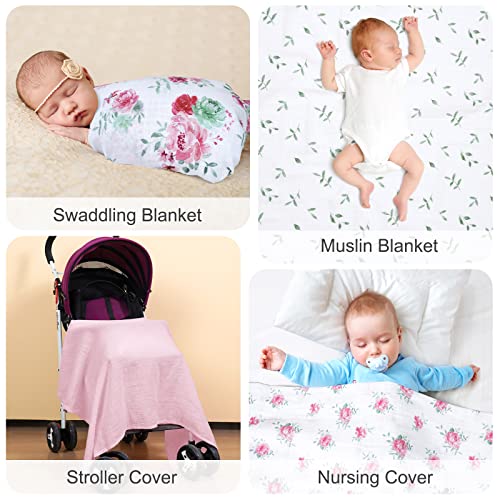 PHF 100% Cotton Muslin Baby Swaddle Blanket, 4 Pack Ultra Soft Baby Muslin Blanket for Baby Girls, Breathable Receiving Blankets Swaddle Wrap for Newborns, Large 47x47 inches, Floral
