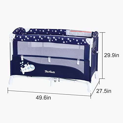 Tksd&m Portable Baby Playard, 2 in 1 Convertible Pack and Play with Comfortable Mattress, 5 Height Adjustable Bedside Crib, Foldable Crib (Navy)