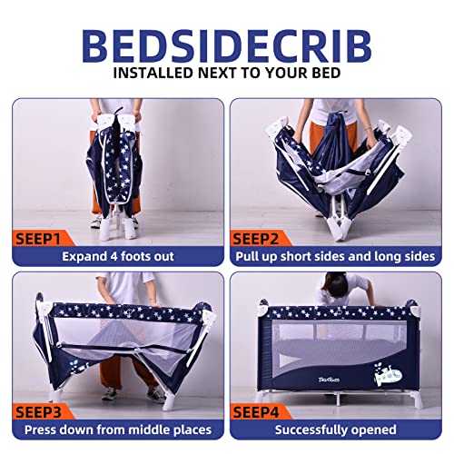 Tksd&m Portable Baby Playard, 2 in 1 Convertible Pack and Play with Comfortable Mattress, 5 Height Adjustable Bedside Crib, Foldable Crib (Navy)