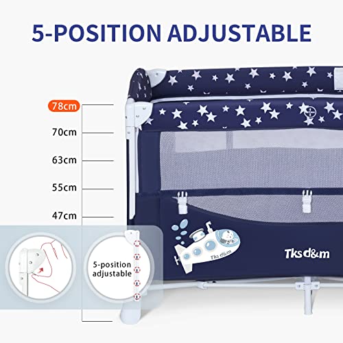 Tksd&m Portable Baby Playard, 2 in 1 Convertible Pack and Play with Comfortable Mattress, 5 Height Adjustable Bedside Crib, Foldable Crib (Navy)