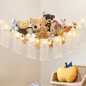 Dremisland Stuffed Animal Toy Hammock with Fairy Lights Macrame Boho Plush Toy Net Hammock with Tassels-Stuff Animals Organizer Storage Corner Plush Toys Net Holder for Nursery Play Room, Kids Bedroom