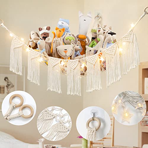 Dremisland Stuffed Animal Toy Hammock with Fairy Lights Macrame Boho Plush Toy Net Hammock with Tassels-Stuff Animals Organizer Storage Corner Plush Toys Net Holder for Nursery Play Room, Kids Bedroom