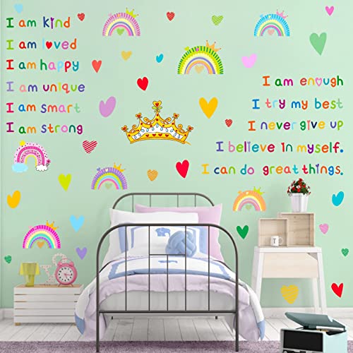 Colorful Inspirational Quotes Wall Decals Motivational Rainbow Wall Decals Crown Heart Wall Sticker Girls Wall Stickers Vinyl Wall Decals Peel and Stick for Classroom Nursery Kid Room Decor