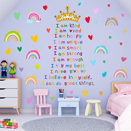 Colorful Inspirational Quotes Wall Decals Motivational Rainbow Wall Decals Crown Heart Wall Sticker Girls Wall Stickers Vinyl Wall Decals Peel and Stick for Classroom Nursery Kid Room Decor