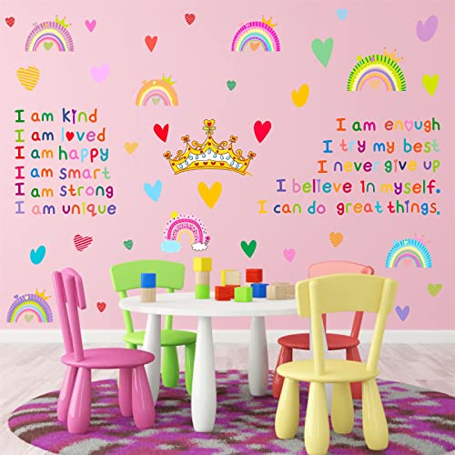 Colorful Inspirational Quotes Wall Decals Motivational Rainbow Wall Decals Crown Heart Wall Sticker Girls Wall Stickers Vinyl Wall Decals Peel and Stick for Classroom Nursery Kid Room Decor