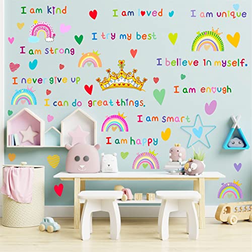 Colorful Inspirational Quotes Wall Decals Motivational Rainbow Wall Decals Crown Heart Wall Sticker Girls Wall Stickers Vinyl Wall Decals Peel and Stick for Classroom Nursery Kid Room Decor