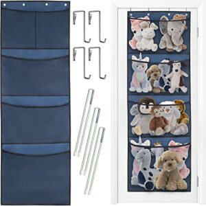 hmsoftest stuffed animal storage - over the door organizer for stuffed animal, baby plush toy, and baby accessories storage - easy installation, with 5 large breathable hanging storage pockets (blue)