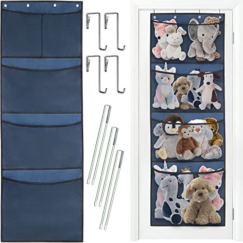 HMSOFTEST Stuffed Animal Storage - Over The Door Organizer for Stuffed Animal, Baby Plush Toy, and Baby Accessories Storage - Easy Installation, with 5 Large Breathable Hanging Storage Pockets (Blue)