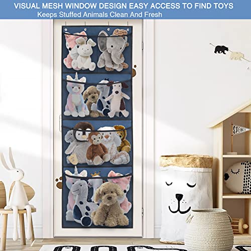 HMSOFTEST Stuffed Animal Storage - Over The Door Organizer for Stuffed Animal, Baby Plush Toy, and Baby Accessories Storage - Easy Installation, with 5 Large Breathable Hanging Storage Pockets (Blue)