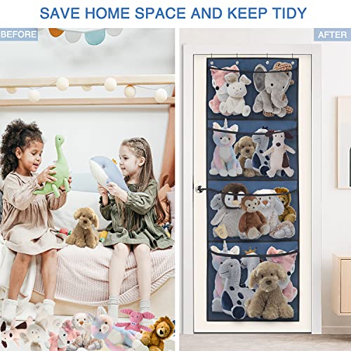 HMSOFTEST Stuffed Animal Storage - Over The Door Organizer for Stuffed Animal, Baby Plush Toy, and Baby Accessories Storage - Easy Installation, with 5 Large Breathable Hanging Storage Pockets (Blue)