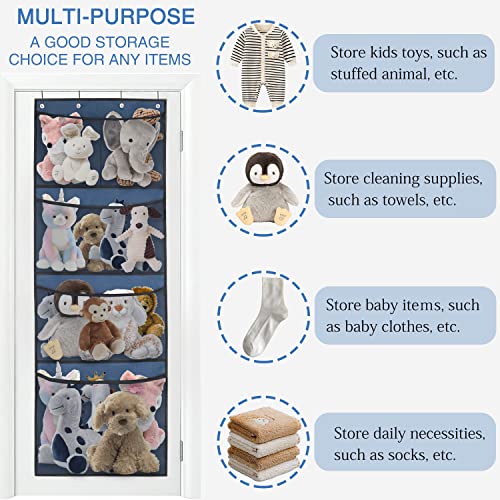 HMSOFTEST Stuffed Animal Storage - Over The Door Organizer for Stuffed Animal, Baby Plush Toy, and Baby Accessories Storage - Easy Installation, with 5 Large Breathable Hanging Storage Pockets (Blue)