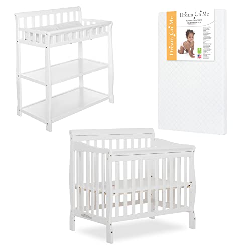 Dream On Me Nursery Essentials Bundle of Dream On Me Aden Convertible 4-in-1 Mini Crib, Dream On Me Ashton Changing-Table, with a Dream On Me Sunset 3” Extra Firm Fiber Portable Crib Mattress