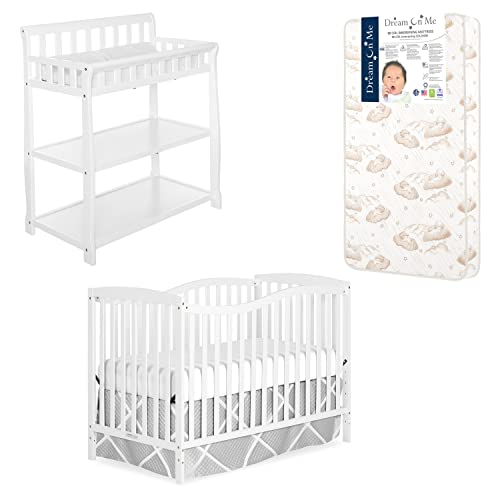 Dream On Me Nursery Essentials Bundle of Dream On Me Chelsea 5-in-1 Convertible Crib, Dream On Me Ashton Changing-Table, with a Dream On Me Twilight 5” 88 Coil Inner Spring Crib and Toddler Mattress