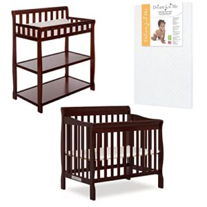 dream on me nursery essentials bundle of dream on me aden convertible 4-in-1 mini crib, dream on me ashton changing-table, with a dream on me sunset 3” extra firm fiber portable crib mattress