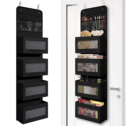 Heavy Duty Over Door Organizer, Wall Mount Hanging Organizer Storage with 4 Large Capacity Pockets, Closet Bathroom Nursery Bedroom Dorm, Toys Cosmetics Sundries and Baby Essentials, Black