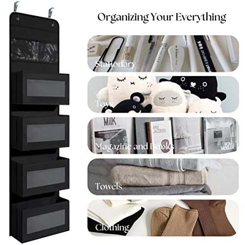 Heavy Duty Over Door Organizer, Wall Mount Hanging Organizer Storage with 4 Large Capacity Pockets, Closet Bathroom Nursery Bedroom Dorm, Toys Cosmetics Sundries and Baby Essentials, Black