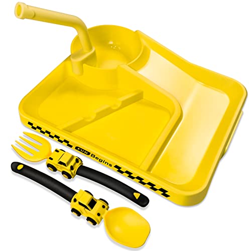 Toddler Plates - Toddler eating Utensil set with Spoon Fork and Removable Straw - Construction theme Toddler Utensils - Baby Plates Feeding set - Construction Plates and Cutlery - Yellow