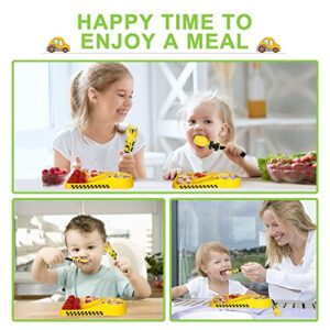 Toddler Plates - Toddler eating Utensil set with Spoon Fork and Removable Straw - Construction theme Toddler Utensils - Baby Plates Feeding set - Construction Plates and Cutlery - Yellow