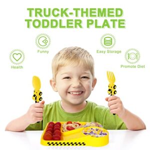 Toddler Plates - Toddler eating Utensil set with Spoon Fork and Removable Straw - Construction theme Toddler Utensils - Baby Plates Feeding set - Construction Plates and Cutlery - Yellow