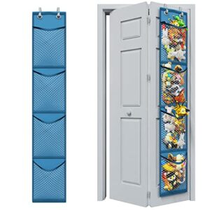 storage for stuffed animals - 12 inch wide slim over door organizer for stuffies, bi-fold door closet, baby accessories, toy plush storage / easy instal with breathable hanging storage pockets blue