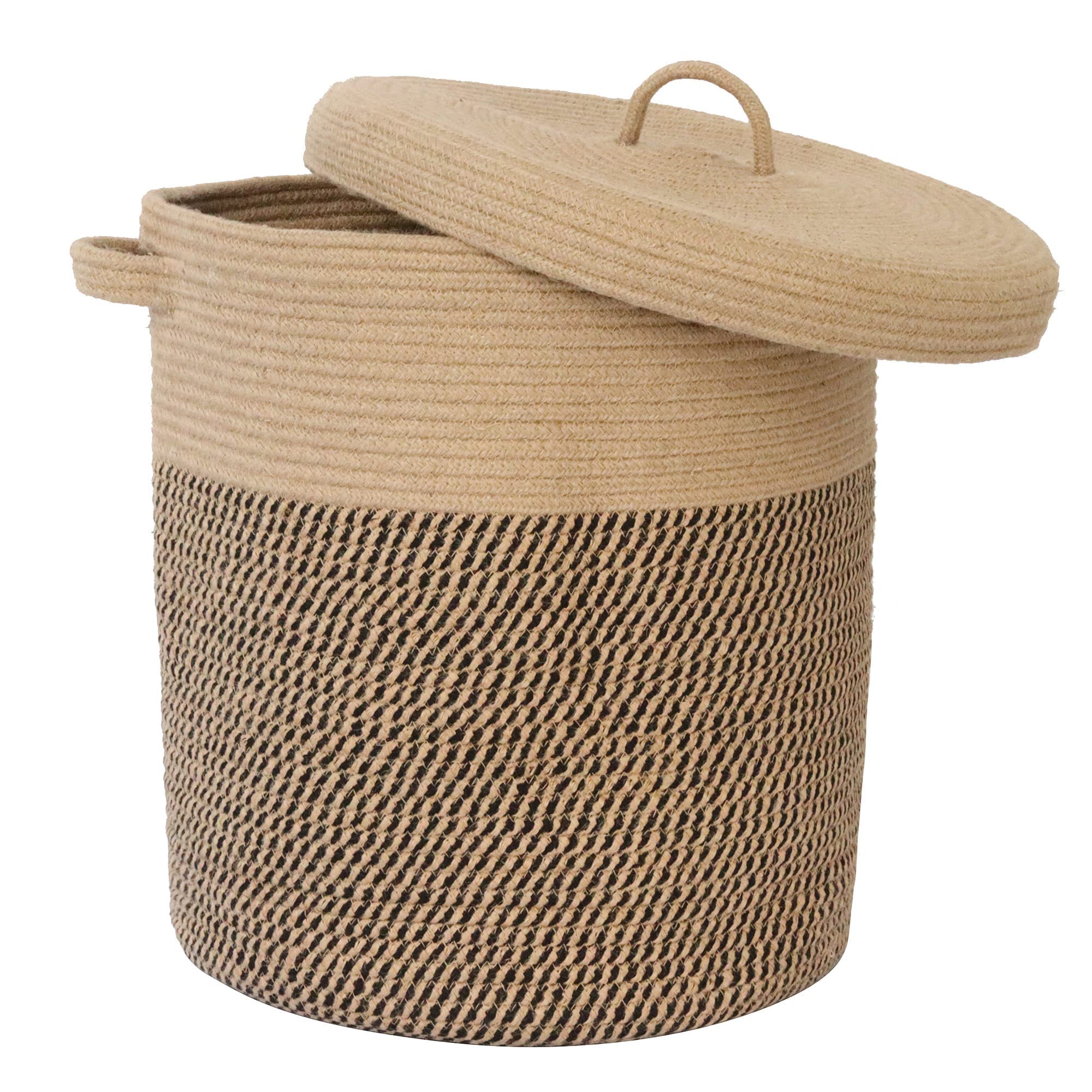 Extra Large Storage Basket with Lid 60L, 16"Wx18"H Woven laundry basket with lid Jute Laundry Basket, Wicker Basket Blankets Pillows Storage in Living Room Baby Nursery, Jute/Black Mix with Lid