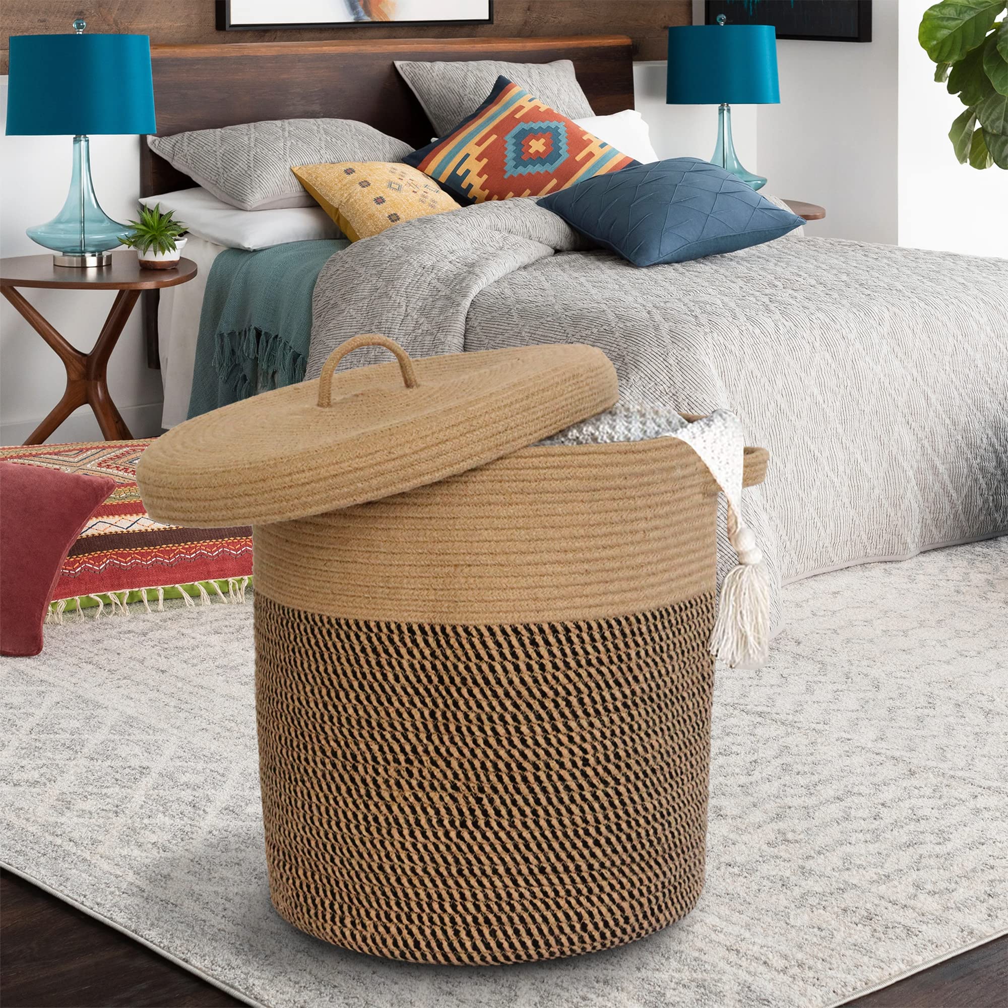 Extra Large Storage Basket with Lid 60L, 16"Wx18"H Woven laundry basket with lid Jute Laundry Basket, Wicker Basket Blankets Pillows Storage in Living Room Baby Nursery, Jute/Black Mix with Lid