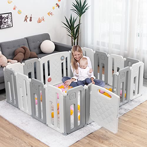 Costzon Baby Playpen, 16-Panel Extra Large Playpen for Babies and Toddlers, Foldable Activity Play Center with Safety Gate, Whiteboard, Indoor and Outdoor Baby Fence NO Gaps for Boys Girls