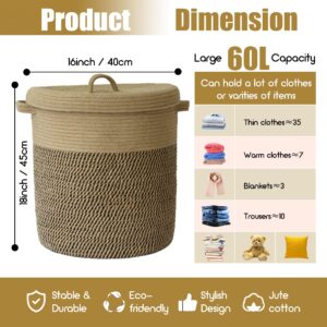 Extra Large Storage Basket with Lid 60L, 16"Wx18"H Woven laundry basket with lid Jute Laundry Basket, Wicker Basket Blankets Pillows Storage in Living Room Baby Nursery, Jute/Black Mix with Lid