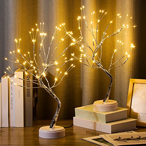 Roowest 2 Pcs 20" Tabletop Bonsai Tree Light Lamp 108 Led Copper Wire String Lamp Battery/USB Operated DIY Artificial Tree Warm White Fairy Light for Indoor Home Bedroom Desktop Christmas Trees Decor