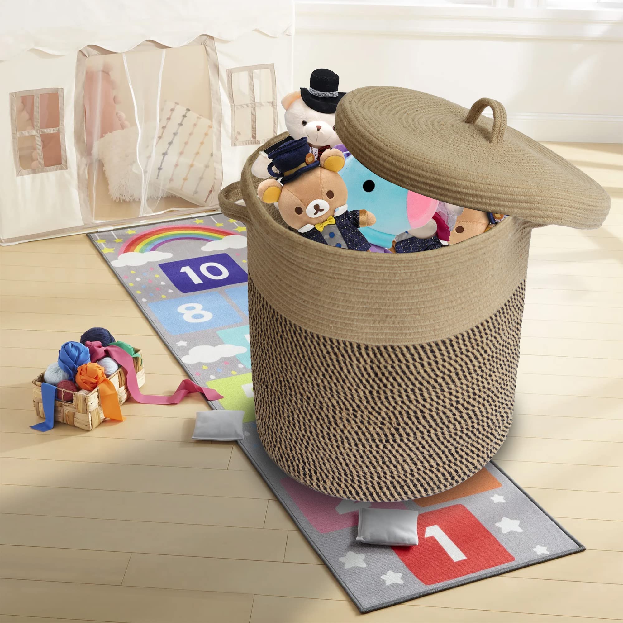 Extra Large Storage Basket with Lid 60L, 16"Wx18"H Woven laundry basket with lid Jute Laundry Basket, Wicker Basket Blankets Pillows Storage in Living Room Baby Nursery, Jute/Black Mix with Lid