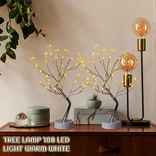 Roowest 2 Pcs 20" Tabletop Bonsai Tree Light Lamp 108 Led Copper Wire String Lamp Battery/USB Operated DIY Artificial Tree Warm White Fairy Light for Indoor Home Bedroom Desktop Christmas Trees Decor