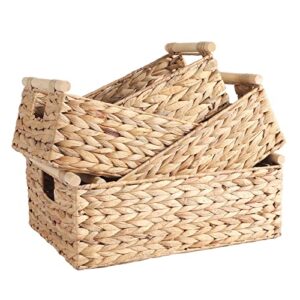 anminy 4pcs woven storage baskets set handmade wicker storage bins boxes with wood handles natural water hyacinth container decorative clothes nursery baby kid towel large small shelf organizer