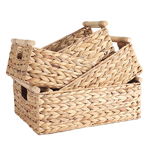 ANMINY 4PCS Woven Storage Baskets Set Handmade Wicker Storage Bins Boxes with Wood Handles Natural Water Hyacinth Container Decorative Clothes Nursery Baby Kid Towel Large Small Shelf Organizer