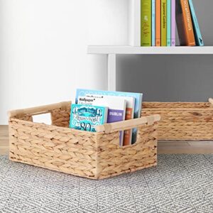 ANMINY 4PCS Woven Storage Baskets Set Handmade Wicker Storage Bins Boxes with Wood Handles Natural Water Hyacinth Container Decorative Clothes Nursery Baby Kid Towel Large Small Shelf Organizer