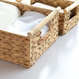 ANMINY 4PCS Woven Storage Baskets Set Handmade Wicker Storage Bins Boxes with Wood Handles Natural Water Hyacinth Container Decorative Clothes Nursery Baby Kid Towel Large Small Shelf Organizer