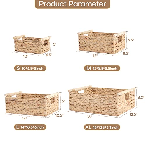 ANMINY 4PCS Woven Storage Baskets Set Handmade Wicker Storage Bins Boxes with Wood Handles Natural Water Hyacinth Container Decorative Clothes Nursery Baby Kid Towel Large Small Shelf Organizer