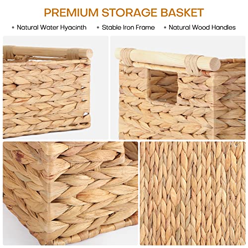 ANMINY 4PCS Woven Storage Baskets Set Handmade Wicker Storage Bins Boxes with Wood Handles Natural Water Hyacinth Container Decorative Clothes Nursery Baby Kid Towel Large Small Shelf Organizer