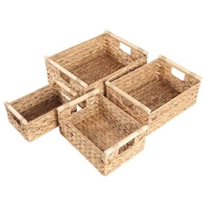 ANMINY 4PCS Woven Storage Baskets Set Handmade Wicker Storage Bins Boxes with Wood Handles Natural Water Hyacinth Container Decorative Clothes Nursery Baby Kid Towel Large Small Shelf Organizer