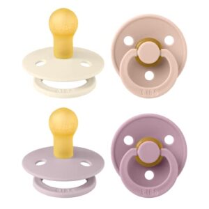 bibs pacifiers - colour 4 pack | round nipple baby pacifier | bpa free natural rubber latex soother | made in denmark | size 0-6 months | girl colors
