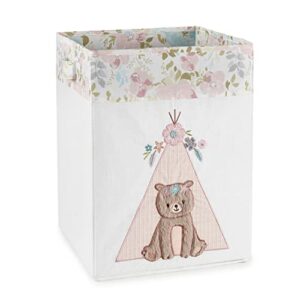levtex baby - malia nursery hamper - appliqued and embroidered bear - cream canvas with pink floral - nursery accessories - size: 20x20x18in.