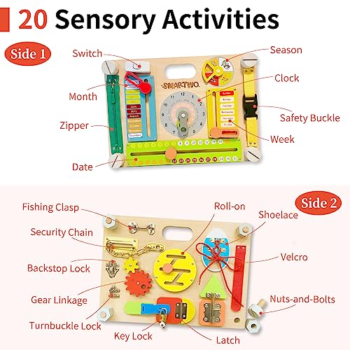 Smartwo Double-Sided Busy Board, 20+ Montessori Activities Wooden Sensory Toy for Preschool Educational Learning, Train Kid’s Fine Motor, Concentration, and Life Skill Abilities