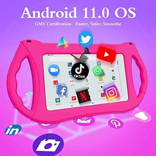 Kids, Toddler Android 11.0 Tablet with WiFi, Bluetooth, GMS, Dual Camera, Parental Control, Shockproof Case, Google Play for YouTube, Netflix, 3GB RAM 32GB ROM,7 inch