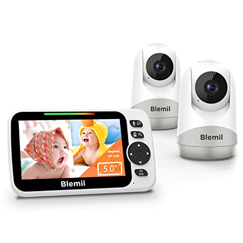 Blemil Baby Monitor,Split-Screen Video Baby Monitor with Cameras and Audio, Remote Pan/Tilt/Zoom, Two-Way Talk, Room Temperature Monitor, Auto Night Vision, Power Saving/Vox, Lullabies (BL9052-2)