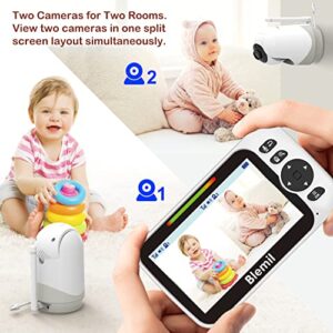 Blemil Baby Monitor,Split-Screen Video Baby Monitor with Cameras and Audio, Remote Pan/Tilt/Zoom, Two-Way Talk, Room Temperature Monitor, Auto Night Vision, Power Saving/Vox, Lullabies (BL9052-2)