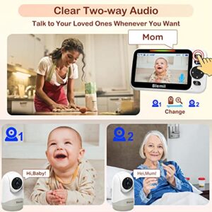 Blemil Baby Monitor,Split-Screen Video Baby Monitor with Cameras and Audio, Remote Pan/Tilt/Zoom, Two-Way Talk, Room Temperature Monitor, Auto Night Vision, Power Saving/Vox, Lullabies (BL9052-2)