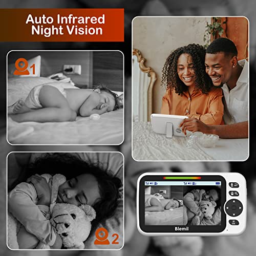 Blemil Baby Monitor,Split-Screen Video Baby Monitor with Cameras and Audio, Remote Pan/Tilt/Zoom, Two-Way Talk, Room Temperature Monitor, Auto Night Vision, Power Saving/Vox, Lullabies (BL9052-2)