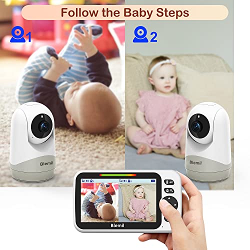 Blemil Baby Monitor,Split-Screen Video Baby Monitor with Cameras and Audio, Remote Pan/Tilt/Zoom, Two-Way Talk, Room Temperature Monitor, Auto Night Vision, Power Saving/Vox, Lullabies (BL9052-2)