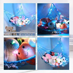 Corner Stuffed Toy Hammock with LED Light, Corner Plush Toy Net Holder, Stuffed Animals Hanging Storage Net, Hanging Toy Net Hammock for Nursery Play Room Bedroom(Blue)